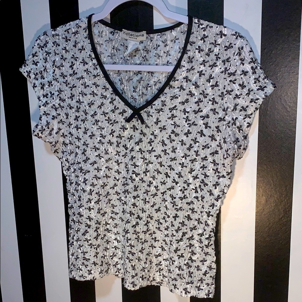 Vintage Notations Black and White Bow Print Lace Women's Top Medium Petite